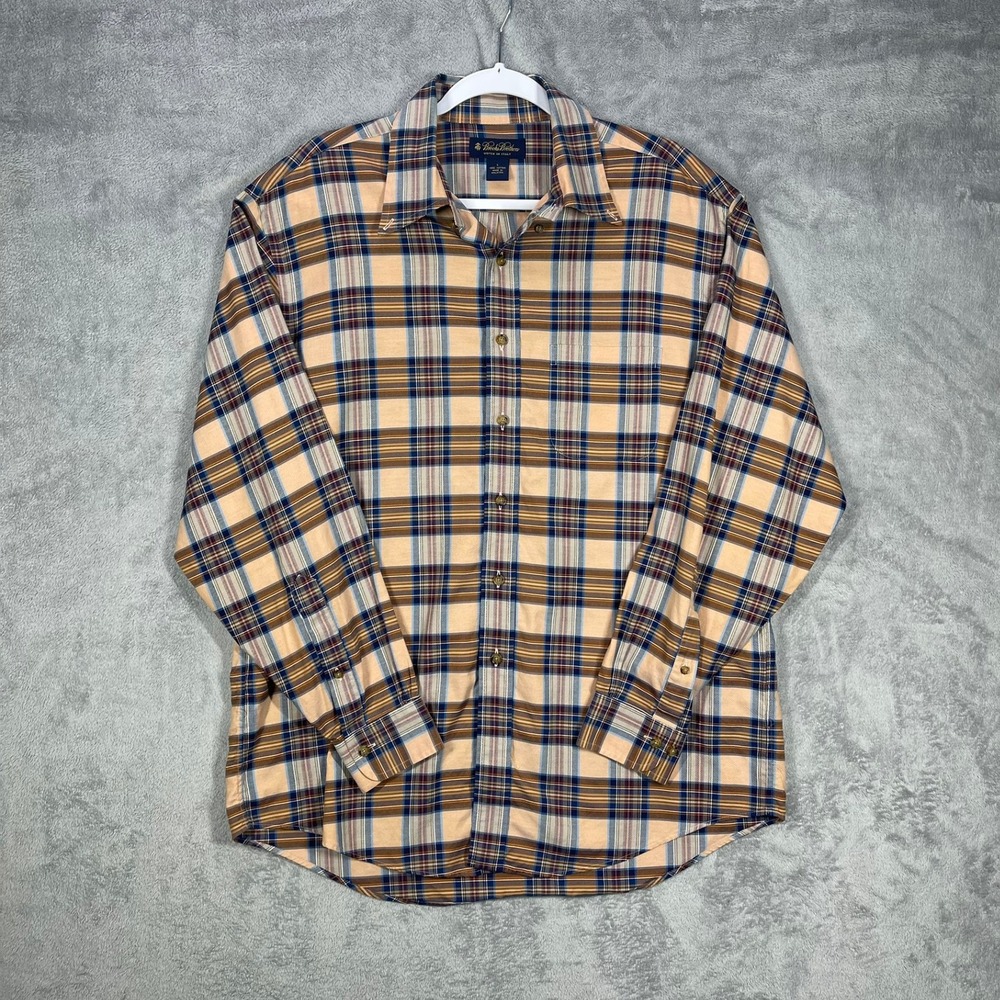 Brooks Brothers Plaid Button Down Mens Large Tan Blue Woven In Italy Cotton READ